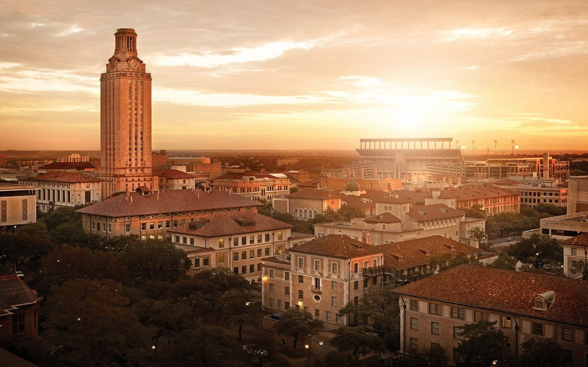 UT Austin tower and campus aerial view at sunrise