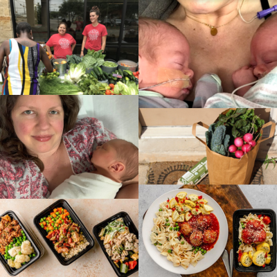 Collage of images from the Food is the Best Medicine program showing mothers and their newborns, fresh produce, and prepared meals.