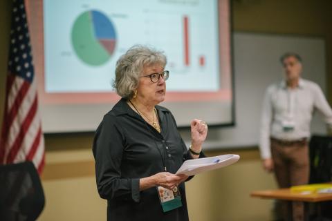 Dr. Rehnborg presenting research in front of a classroom.