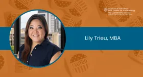Graphic with a headshot of Lily Trieu, overlaid on a photo of I Voted stickers