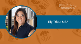 Graphic with a headshot of Lily Trieu, overlaid on a photo of I Voted stickers