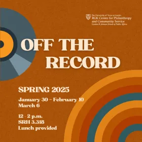 Graphic with dates and location for spring 2025 Off the Record events