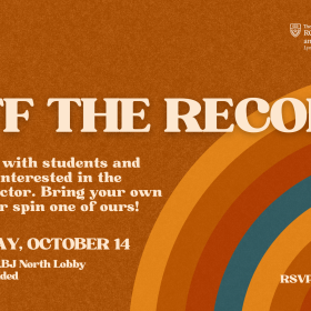 Off the Record graphic with event details. Background is orange with a vinyl record.
