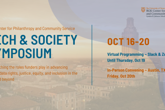 Graphic for the Tech & Society Symposium, including the dates (Oct 16-20), in blue and orange. Background is of the Ut Austin Tower.