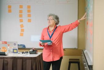Professor Sarah Jane Rehnborg leading a discussion, pointing to a whiteboard