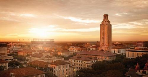UT Austin tower and campus at sunrise