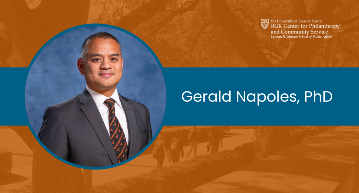 A graphic with UT orange and blue colors, featuring a headshot of Gerald Napoles. He is wearing a suit and a tie with UT longhorn logos on it.