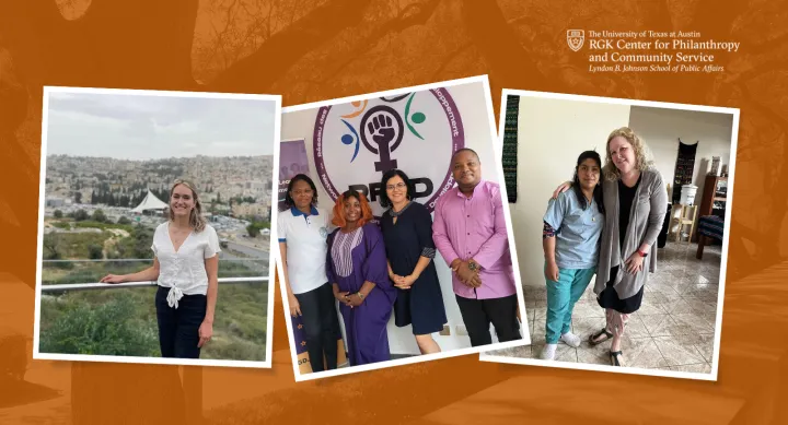 Global fellows header image, including photos from all three students' travels