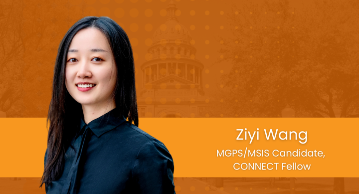 Headshot of Ziyi on an orange background with the Texas State Capitol in the background. 