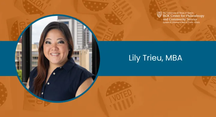 Graphic with a headshot of Lily Trieu, overlaid on a photo of I Voted stickers