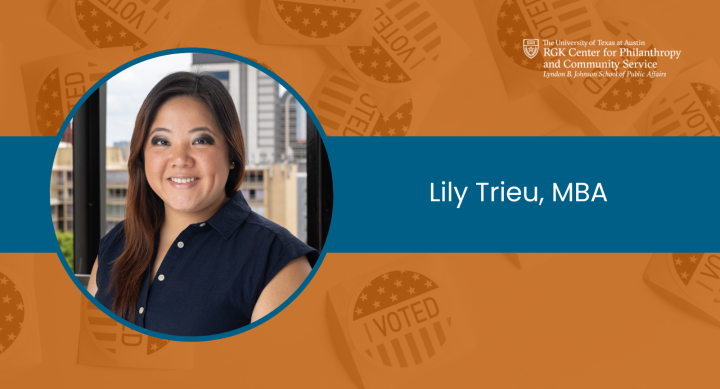 Graphic with a headshot of Lily Trieu, overlaid on a photo of I Voted stickers